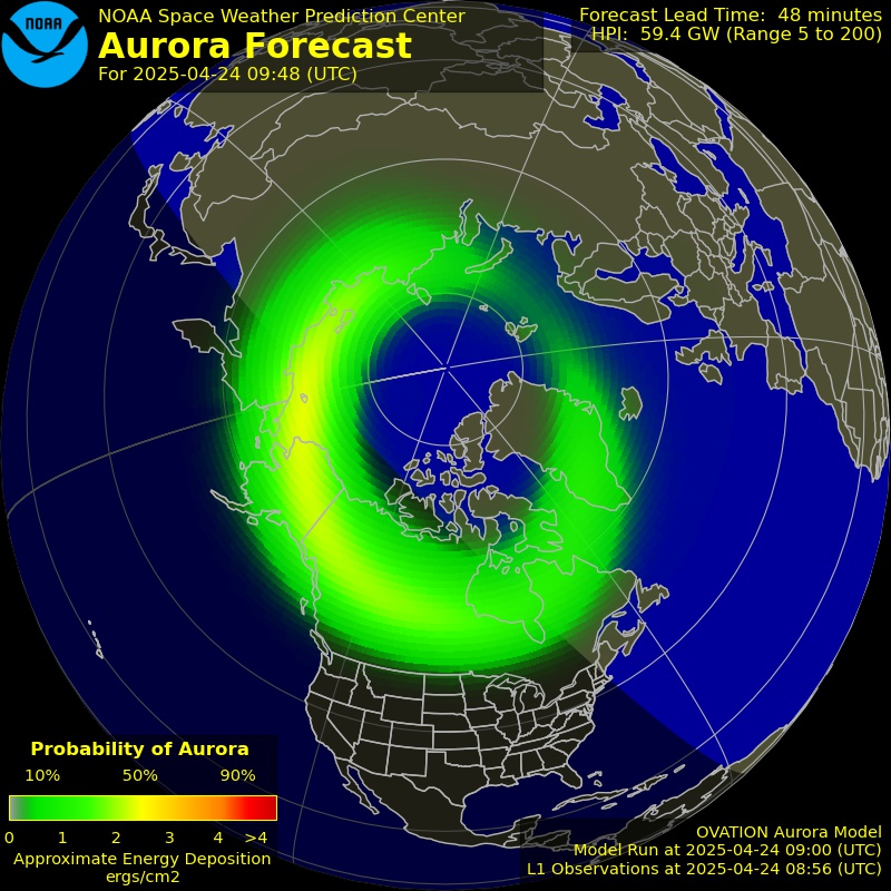 The latest Ovation aurora prediction plot and animation